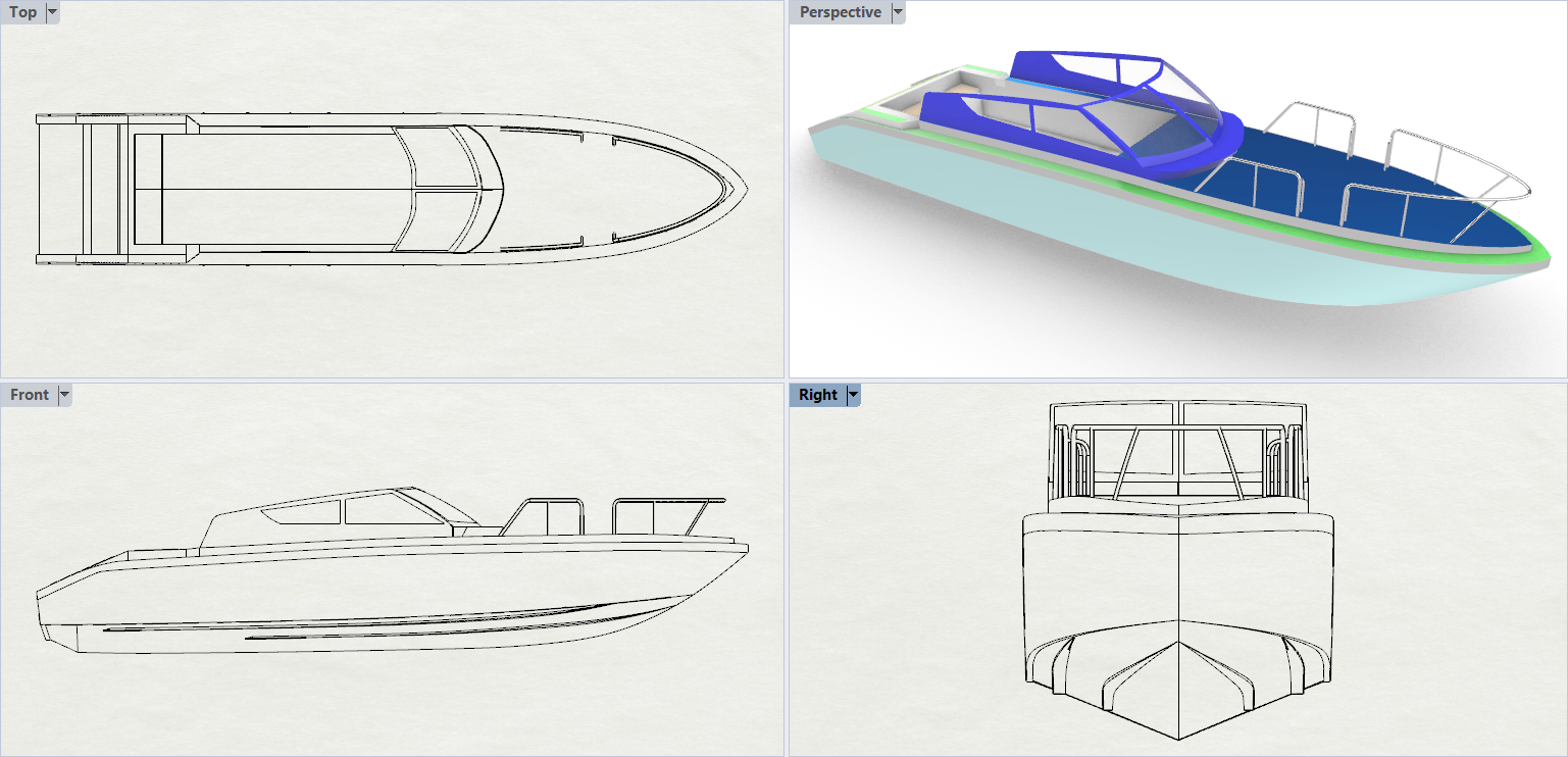 Sport Cruiser Yacht four-view render (front, side, top, perspective)